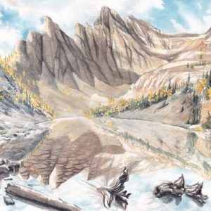 watercolour painting, watercolor painting, Calgary art collector, Rocky Mountain art, skiing art, Alberta art, Calgarian Artist, Lake Agnes, Yellow larch, Lake Louise