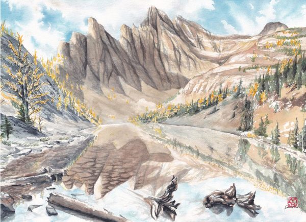 watercolour painting, watercolor painting, Calgary art collector, Rocky Mountain art, skiing art, Alberta art, Calgarian Artist, Lake Agnes, Yellow larch, Lake Louise
