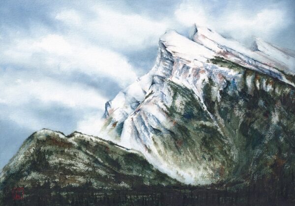 Mount Rundle art, Tunnel Mountain art, watercolour painting, watercolor painting, Calgary art collector, Rocky Mountain art, skiing art, Alberta art, Calgarian Artist.